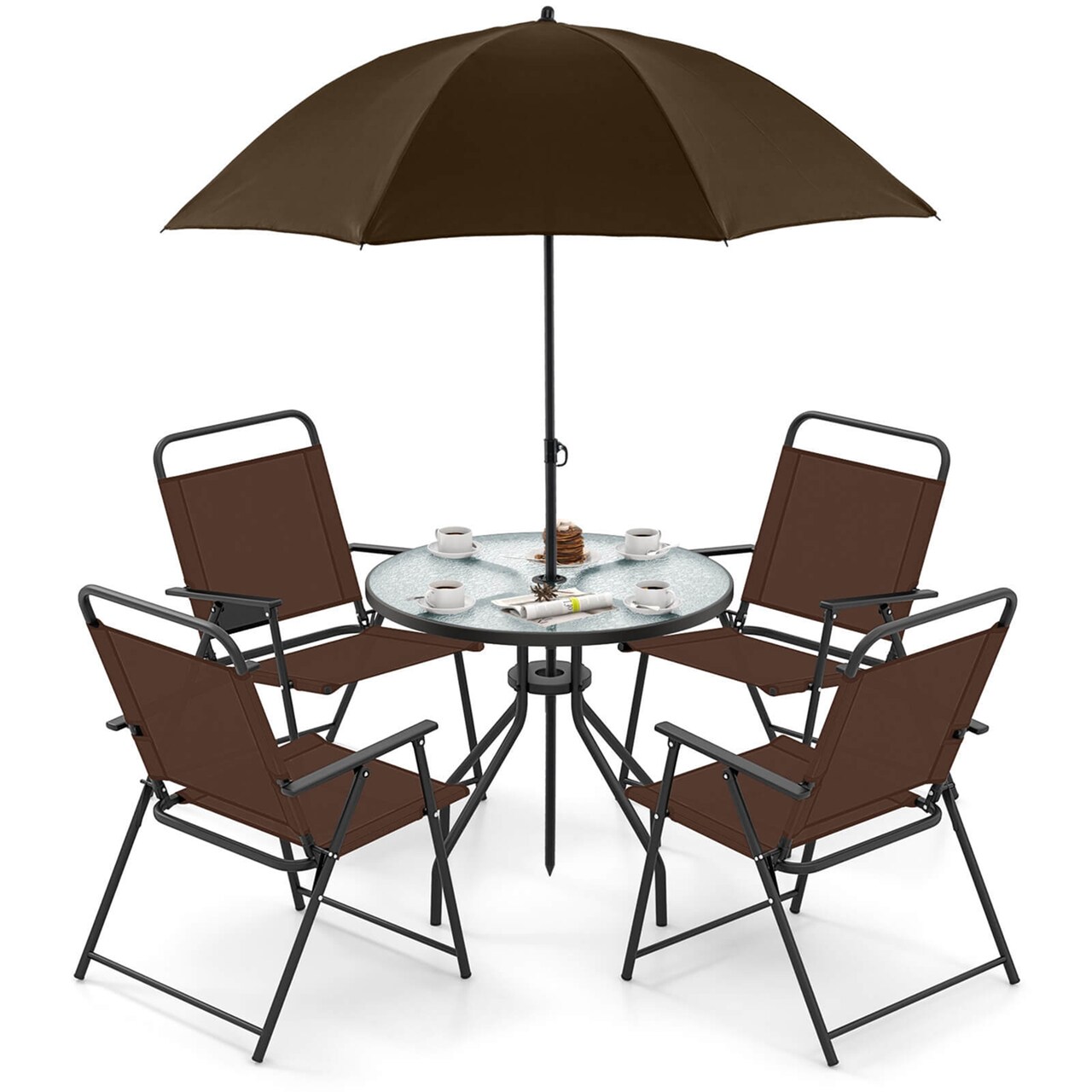 Costway 6 PCS Patio Dining Set Folding Chairs Glass Table Tilt Umbrella Garden Brown